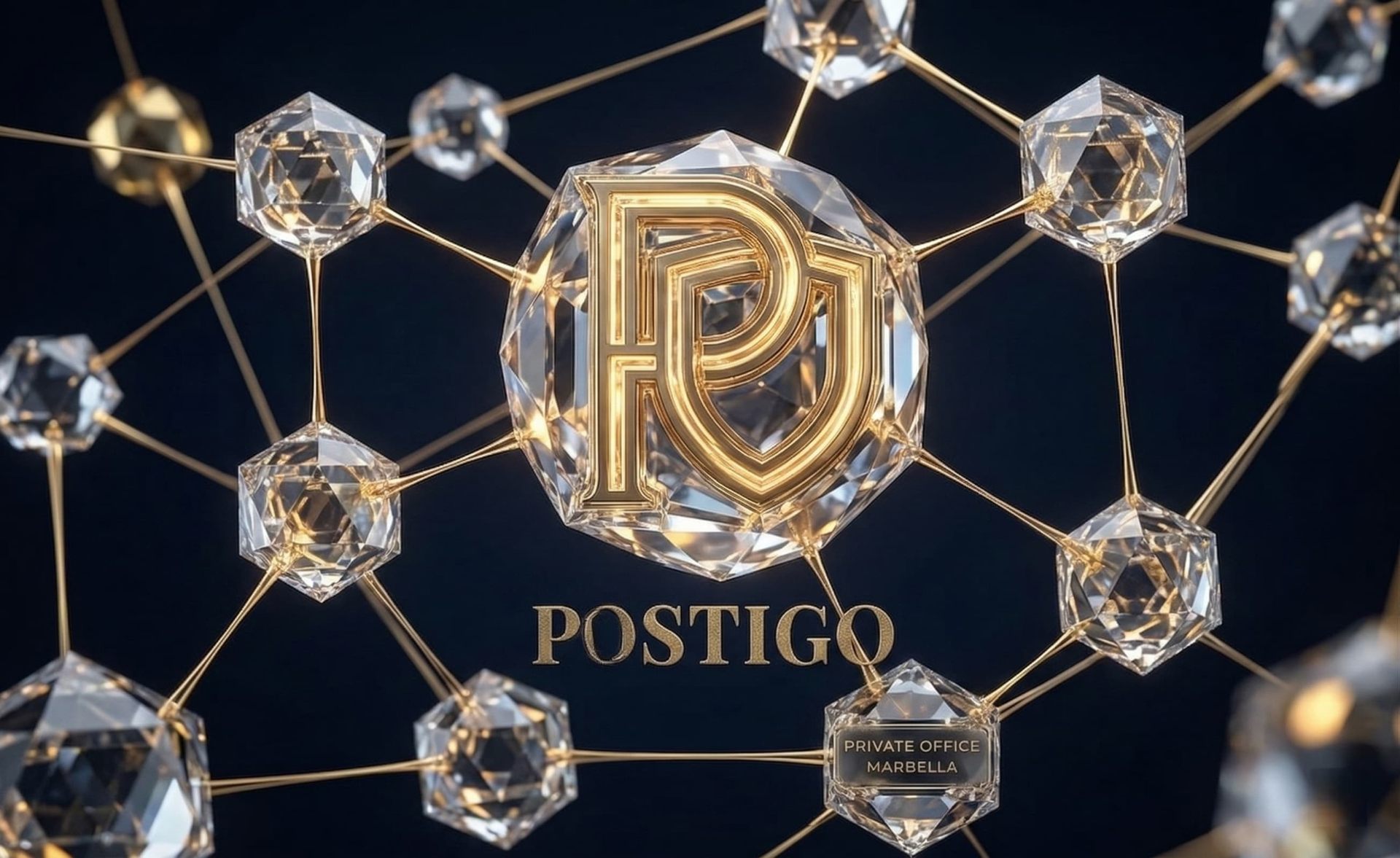 Abstract network of crystal nodes lit in gold, illustrating corporate structures and holding companies for the secure acquisition of assets.
