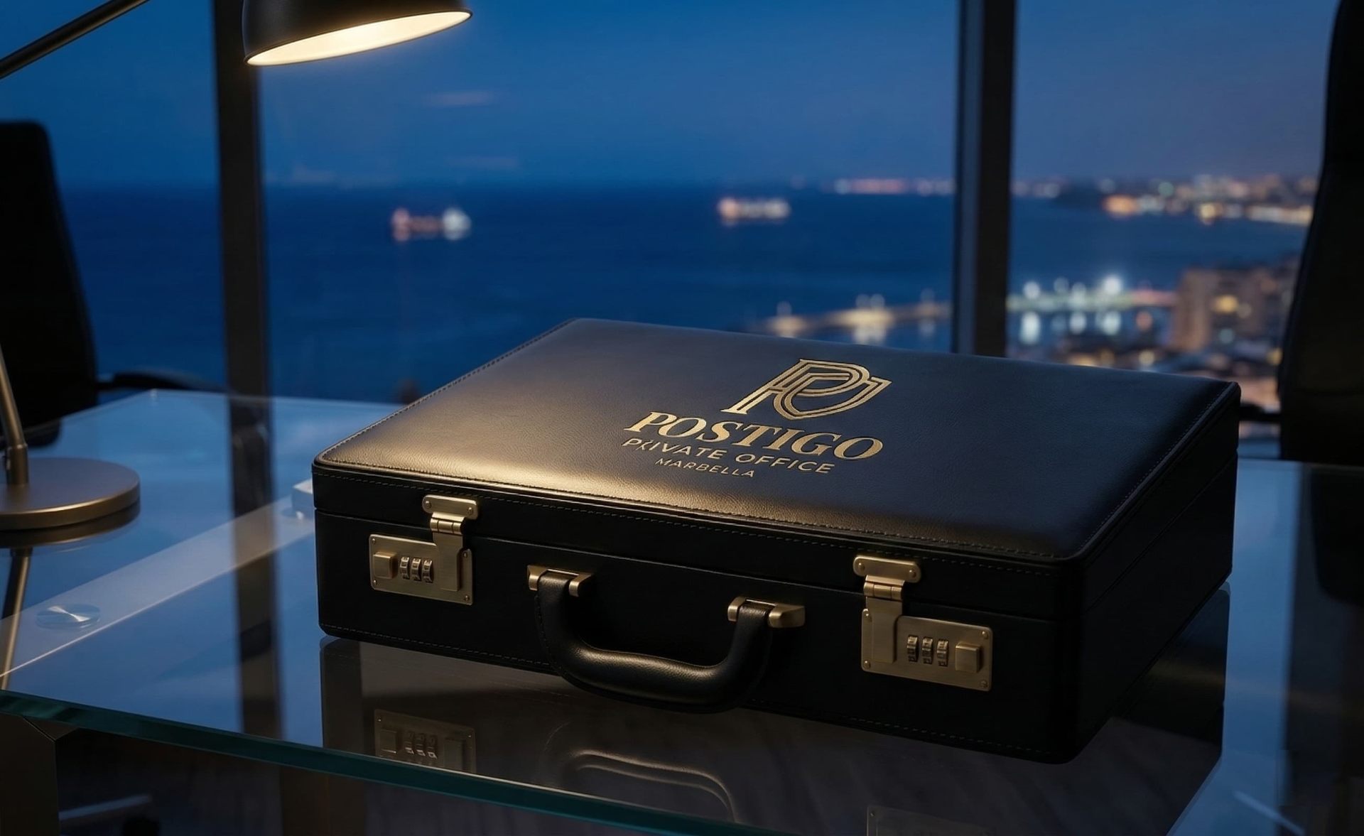 Black leather briefcase on a glass desk at dusk, representing exclusive mandates for international Family Offices on the Costa del Sol.