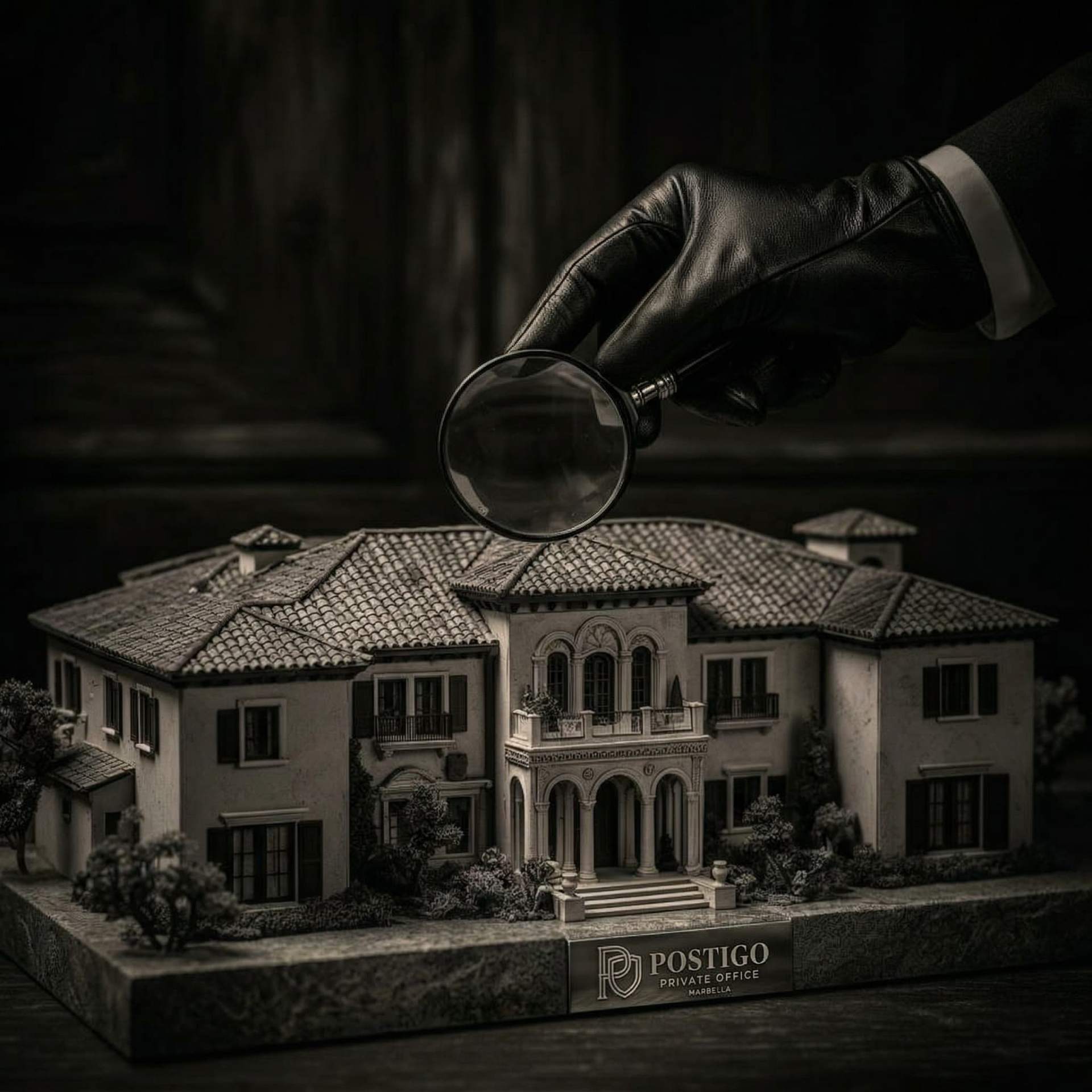 Forensic legal audit of ultra-prime property — magnifying glass examining architectural model of Spanish villa in dramatic lighting, Postigo Private Office Marbella