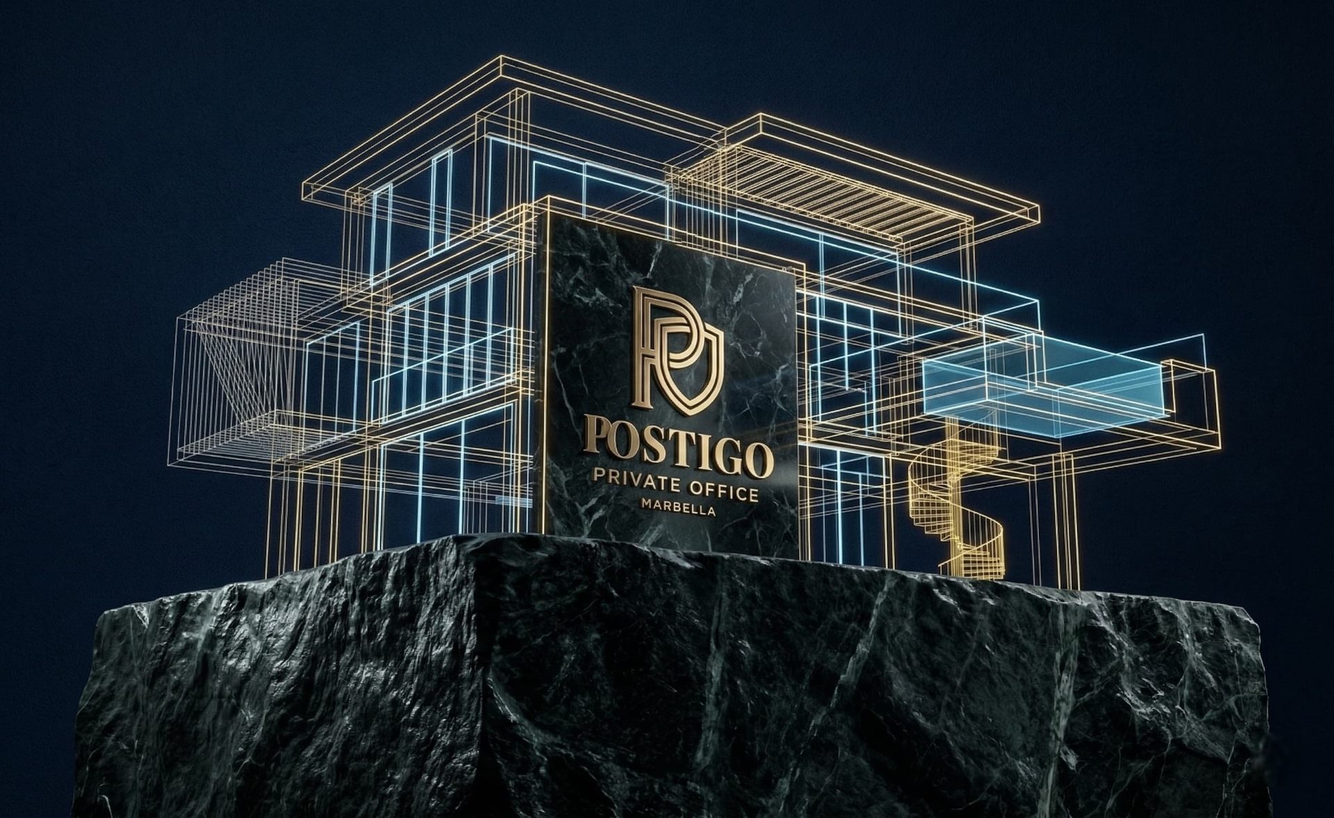 Luminous architectural structure rising from black marble, symbolising the repositioning of ultra-prime assets and the legal architecture of property development.