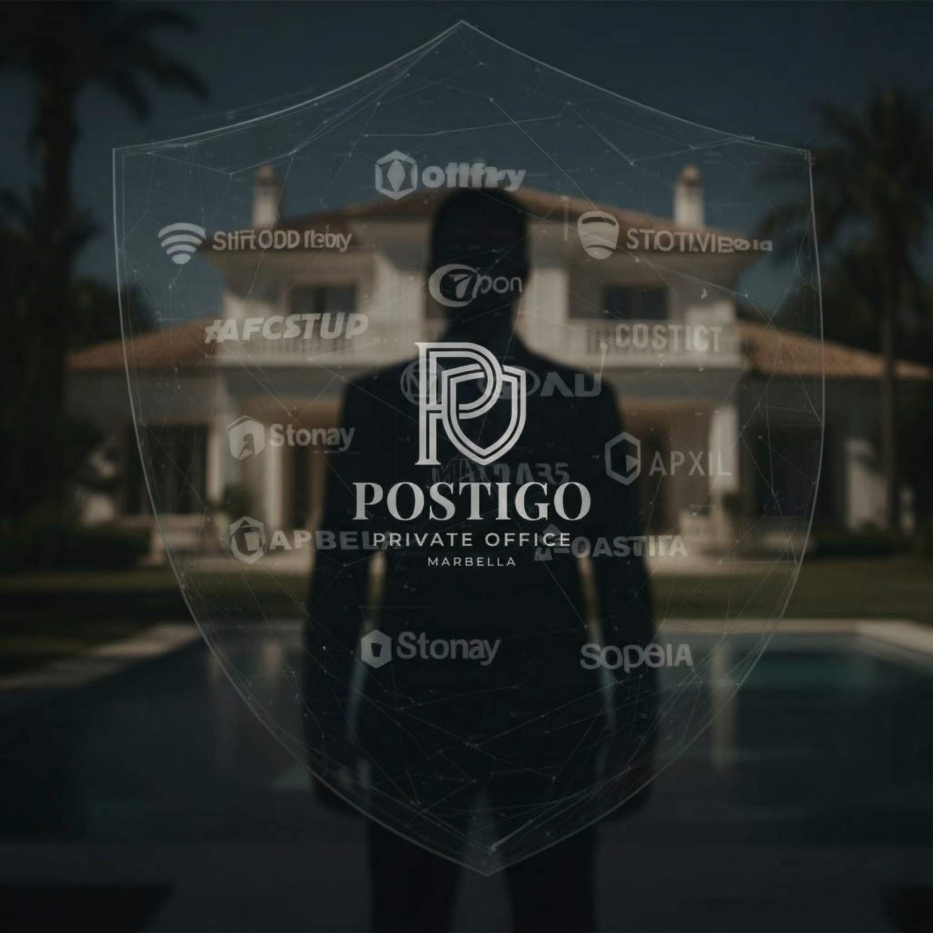 Anonymity protocols for UHNW investors — shadowy figure shielded by corporate structure overlay in front of Marbella property, Postigo Private Office
