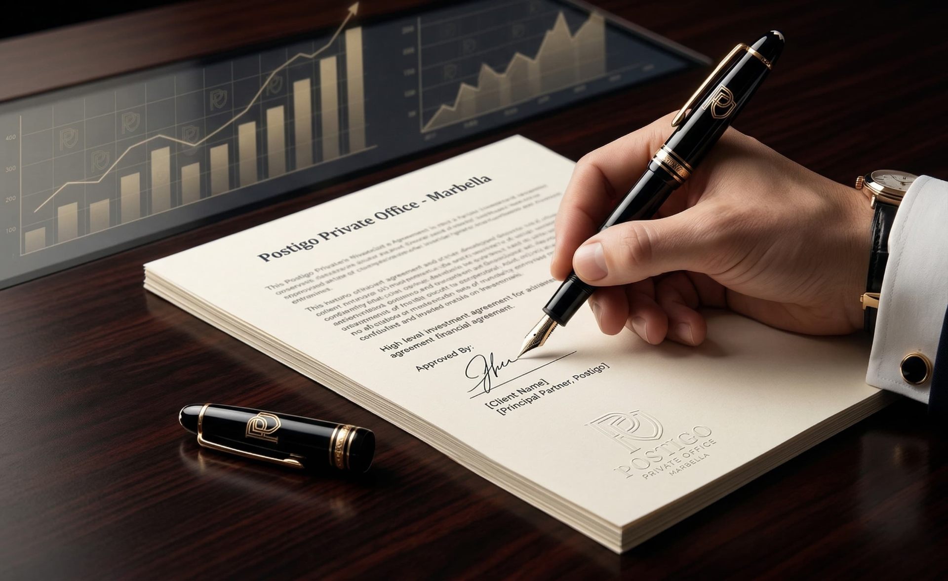 High-end fountain pen signing a legal document, illustrating financial architecture and wealth tax mitigation for UHNW investors in Andalusia.
